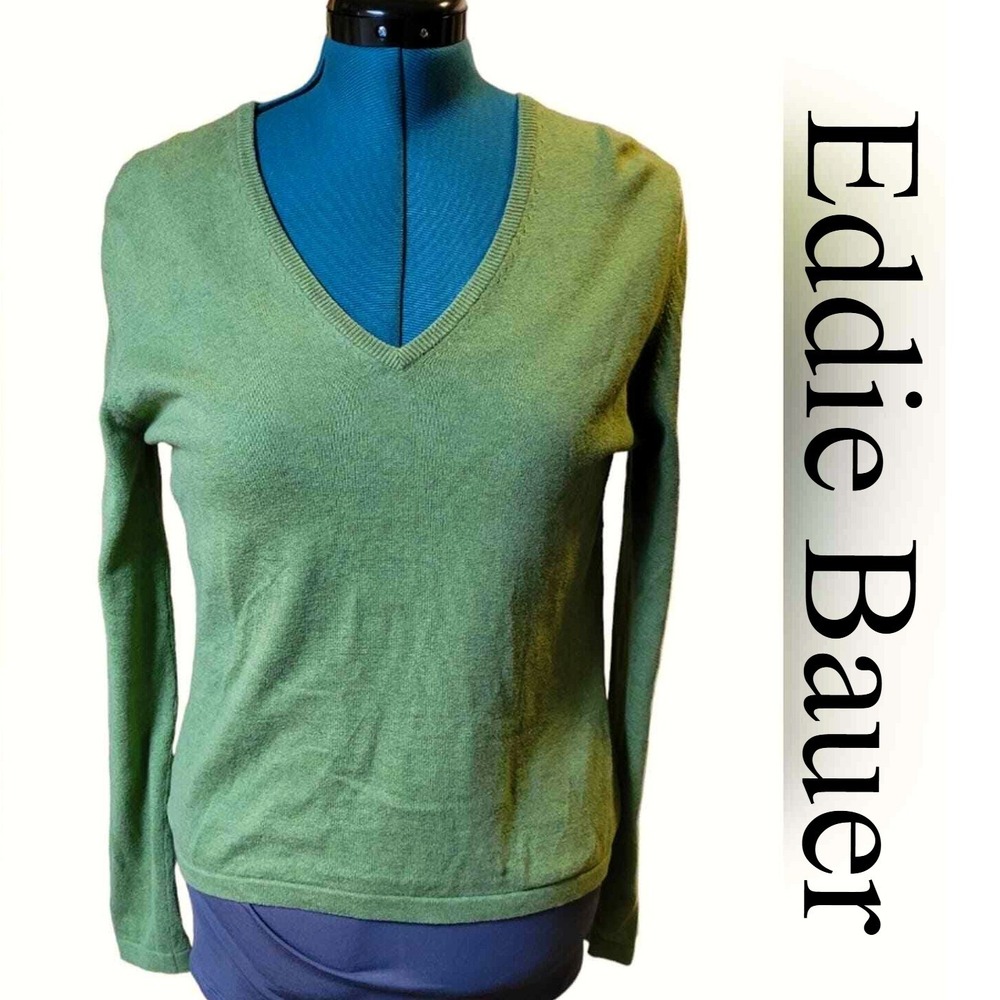 Eddie Bauer Womens Sage Green Cotton Cashmere V-Neck‎ Sweater Large L